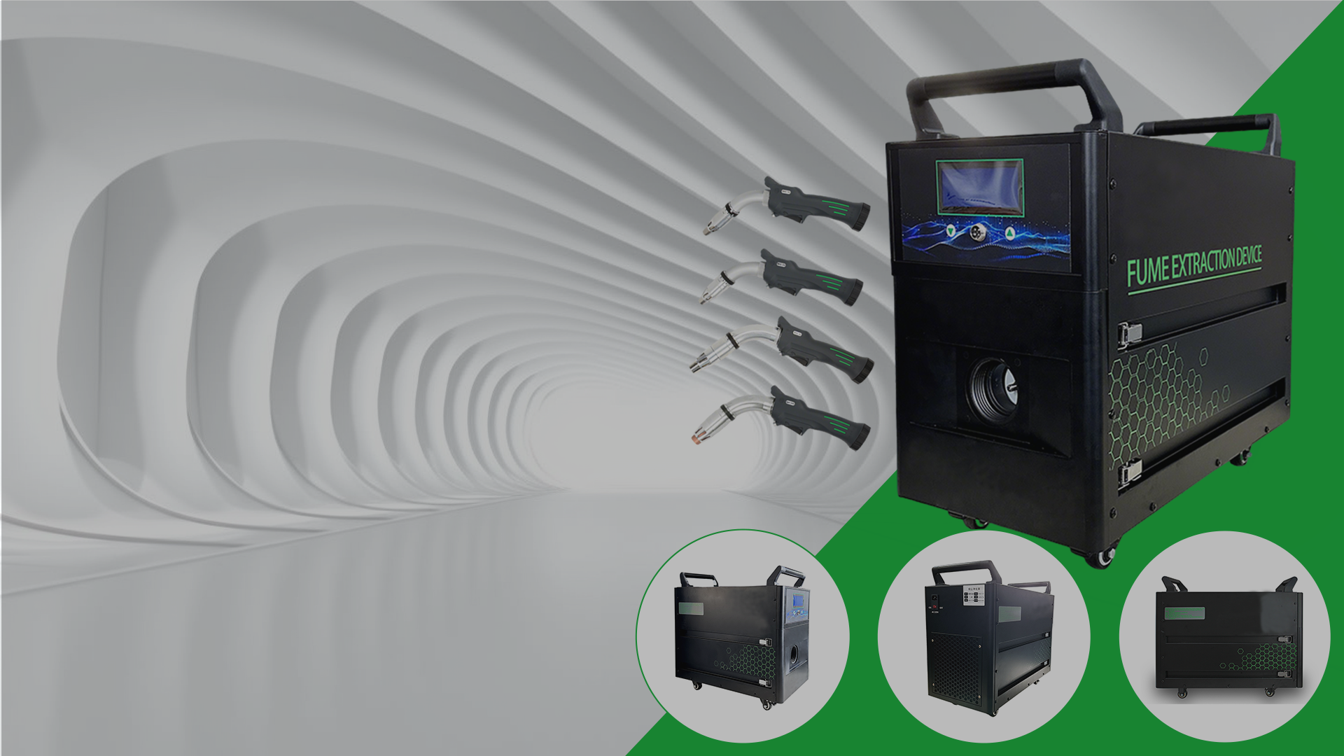 INWELT portable fume extractor and mobile welding fume extraction machine in factory environment, capturing toxic smoke from MIG/TIG welding guns with 99.9% filtration efficiency.