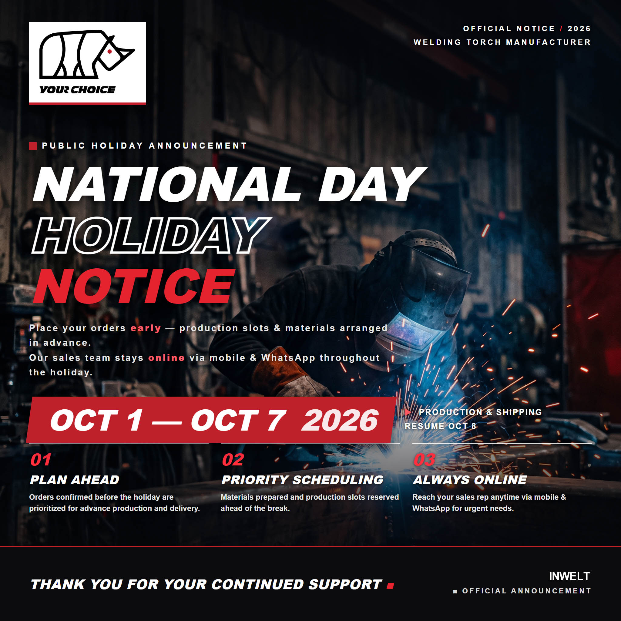 China National Day Holiday Notice 2026 | INWELT WELDING
